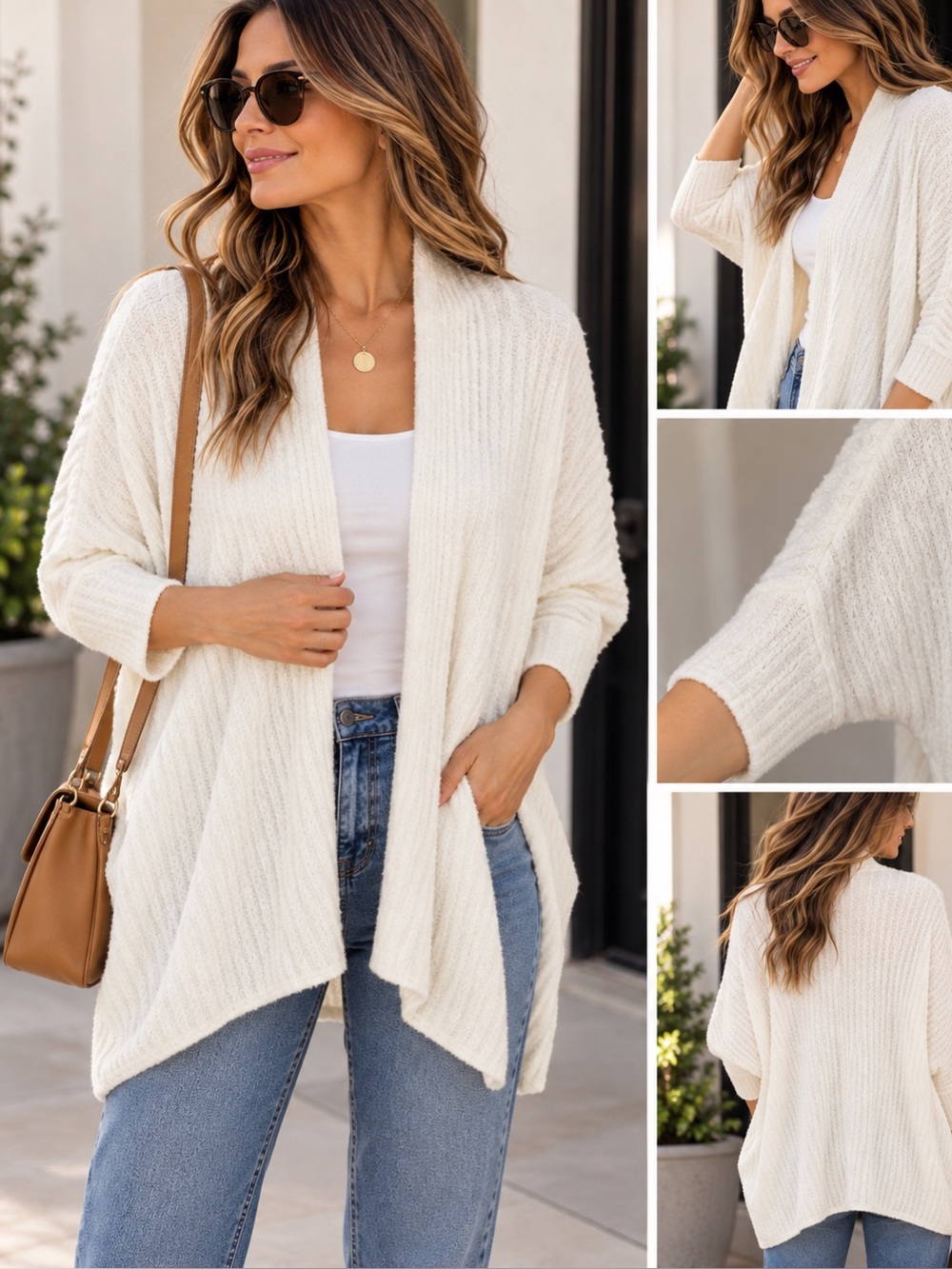 Barefoot Dreams cozy chic Cardigan Open Front Ivory Cream Ribbed Dolman Sleeve